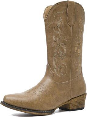 Women's Light Brown Western Mid Boots Embroidered Cowgirl Boots Pointy Toe